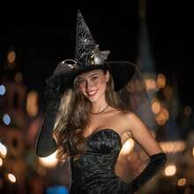1pc Witch Hats With Lights Halloween Adult And Teens Women's Large Witches Hat Costume Accessories For Party Cosplay Sorcerer Cap For Festival Party Masquerade For Halloween Party Decorations, Witch Hat For Women - 黑色(蝴蝶結) - 查看 5