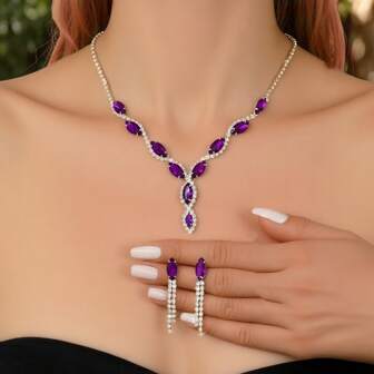 3pcs Set Elegant Multi-Color Crystal Leaf & Tassel Necklace Earrings Jewelry Set, Suitable For Women Wedding Birthday Party Anniversary