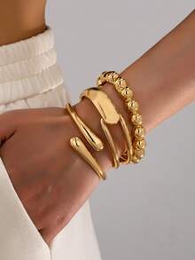 3pcs/Set Minimalist Geometric Asymmetrical Teardrop Shaped Metal Bangle Bracelet Set, Thick Solid Gold-Tone Alloy Material, Suitable For Women