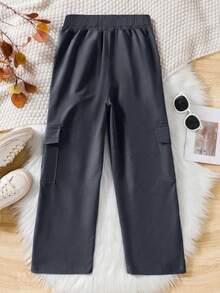 1 pieza Pantalones cargo de ajuste holgado de unicolor y de moda para niñas preadolescentes, cómodos para primavera y otoño con múltiples bolsillos - Gris - Ver 2