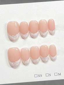 10片闪亮金线法式极简风格，时尚贝壳白可佩戴美甲贴片，日常高端粉色短椭圆形假指甲，适合女性和DIY美甲爱好者，按压式美甲贴片，美甲用品，手工按压式美甲贴片 - Follow Your Heart - 查看 2