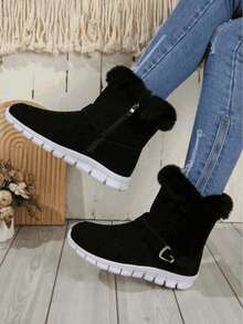 Women's Snow Boots With Buckle Decoration, Faux Suede And Teddy Fleece Lining, Simple Outdoor Sports Warm Snow Boots, Thick-Soled Short Snow Boots, Women's Flat Short Winter Fleece-Lined Warm Boots - 黑色 - 查看 2