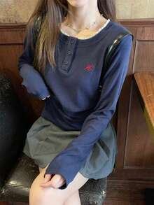 Autumn/Winter Korean Style Lace Patchwork Round Neck Button Design 2 In 1 Long Sleeve T-Shirt - Blue - View 3