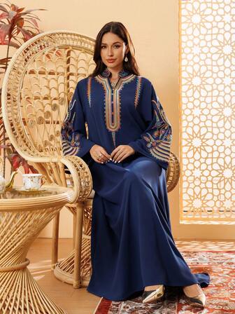 One Piece Women's Muslim Sequin Embroidery Kaftan Evening Dress Modest Caftan Arabic Long Dress
