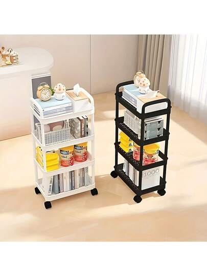 3/4 Tier White/Black Plastic Trolley With Wheels For Kitchen, Bathroom, Bedroom - Multi-Function Portable Storage Cart For Home Office And Living Spaces, No Metal Parts, Lightweight Yet Sturdy, Easy To Move On Any Floor, Space-Saving Floor Standing Bookshelf Style Organizer, Versatile Mobile Shelving Unit For Toys, Books, Beauty Supplies, Pantry Essentials, Cleaning Supplies, Hobby Accessories, Modern Minimalist Decor
