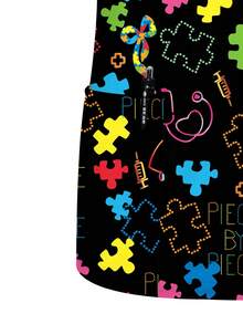 Women's Heart & Puzzle Print Spring & Summer V-Neck Scrub Short Sleeve Nurse Uniform Tops With Pockets For Women - Black - View 5