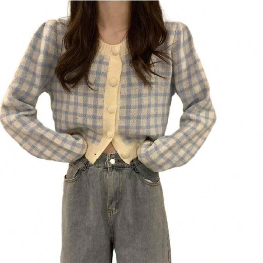 丸襟チェック柄ニットカーディガン女性の春と秋の新作小柄なゆったりとした年齢を軽減するショートコートセーター - ブルー - チェックする 1