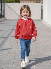 Abrigo con capucha rojo de manga larga con cremallera y estampado de fresas para niñas pequeñas. - Rojo - Ver 1
