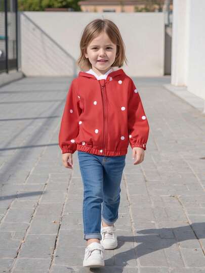 Abrigo con capucha rojo de manga larga con cremallera y estampado de fresas para niñas pequeñas.