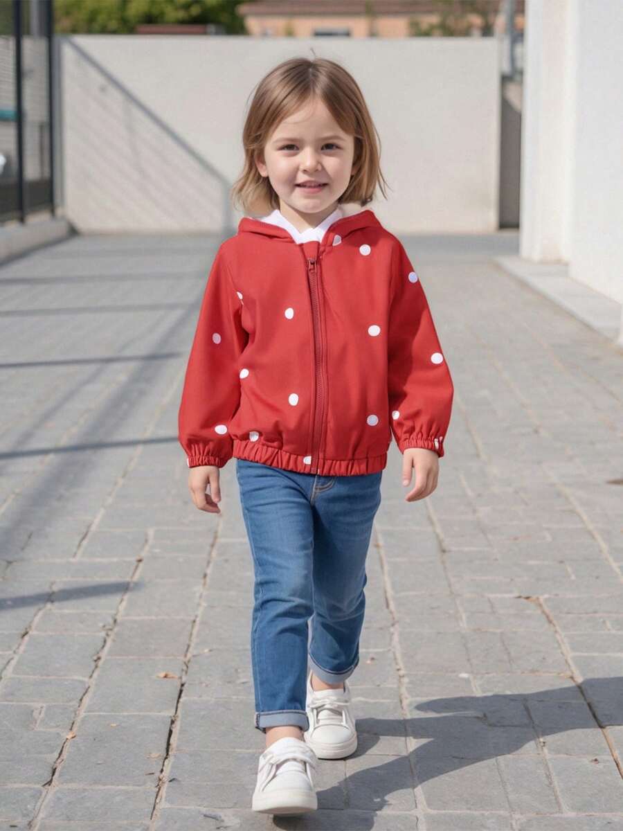 Abrigo con capucha rojo de manga larga con cremallera y estampado de fresas para niñas pequeñas. - Rojo - Ver 1