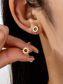 1 par de pendientes de aro de flor metálica vintage de plata lisa, diseño minimalista elegante de estilo