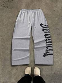 Men's Letter Print Drawstring Waist Straight Leg Long Casual Pants, Suitable For Outings, Gothic Style, Rave Parties, Back To School, Sports, Fitness, Autumn Season - Màu Xám nhạt - Xem 11