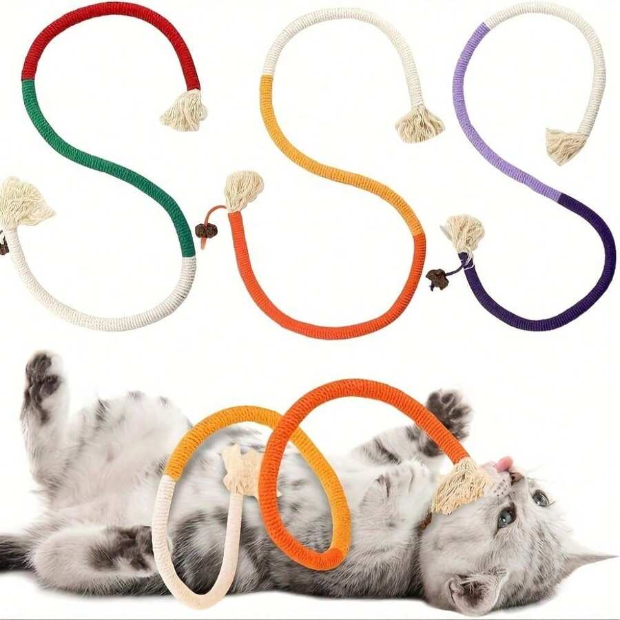 色彩鲜艳的猫绳磨牙玩具，适合室内玩耍和牙齿保健 - S 形设计，带流苏，非常适合正在长牙的小猫和喜欢啃咬的猫咪，所有品种，室内猫咪玩耍 | 亮丽的猫玩具 | 互动猫玩具，室内猫玩具 - 彩色 - 查看 1