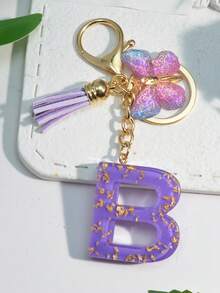1pc Resin Starry Sky Epoxy English Letter Keychain With Tassel & Fluffy Pom Pom Decor, Gift For Friends & Mothers, Heart Pendant Christmas - Purple - View 19