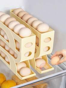 1 pieza Soporte para huevos para refrigerador, dispensador de huevos giratorio, recipiente de almacenamiento de huevos de dos niveles, estante de huevos alimentado por gravedad automático, organizador de despensa de cocina ahorra espacio, accesorio esencial para cocineros en el hogar, regalo práctico de inauguración de la casa para amigos y familiares