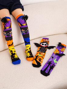 2 pares de calcetines divertidos de Halloween 3D para niños, adecuados para usar en fiestas de Halloween infantiles, apropiados como regalos festivos - Multicolor - Ver 4