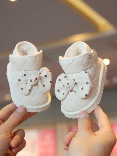 1 Pair Toddler Bow Decor Synthetic Leather Round Toe Mid-Top Hook And Loop Closure Flat Heel Cute Infant/Toddler Boots, Suitable For Winter Indoor/Outdoor, Choose Size Based On Actual Foot Length