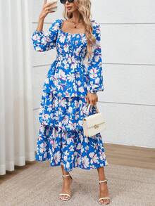 Women's Fall Floral Maxi Dresses Casual Long Sleeve Square Neck Flowy Tiered Layer Ruffle Boho Dress Vacation Holiday Wedding Guest Cocktail Outfits Clothes - 藍色白色花 - 查看 3