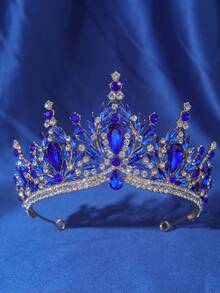 1 pieza Elegante y lujoso tocado de corona barroca con rhinestones para mujer, accesorio para el cabello de novia y boda, tiara romántica de princesa para fiesta de baile, accesorio de San Valentín - Azul - Ver 1