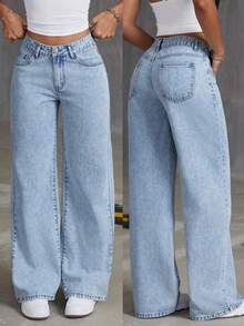 Autumn Women's Street Light Blue Mid Waist Jeans Slim Fit Straight Leg Casual Pants And Versatile Washed Denim