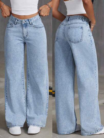 Autumn Women's Street Light Blue Mid Waist Jeans Slim Fit Straight Leg Casual Pants And Versatile Washed Denim