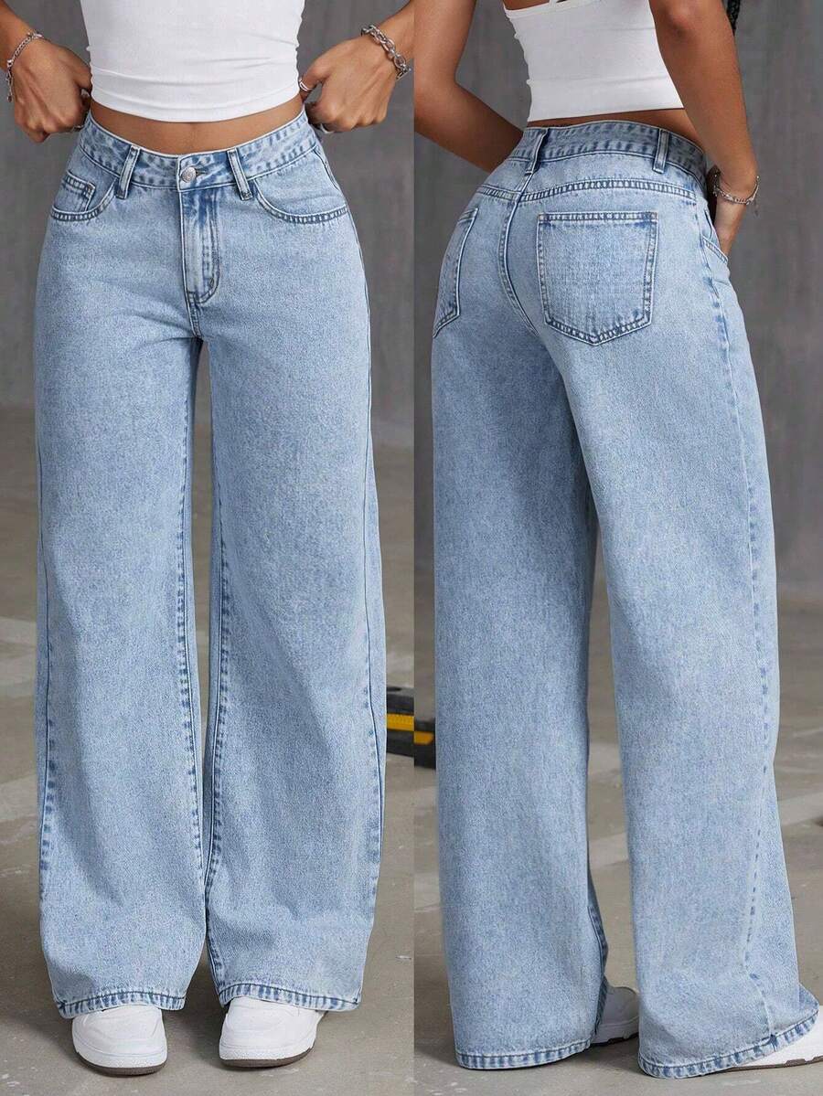 Autumn Women's Street Light Blue Mid Waist Jeans Slim Fit Straight Leg Casual Pants And Versatile Washed Denim