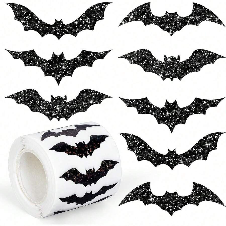 Halloween Bats Stickers Roll Laser Black Bats Shape Waterproof Decals 5 Designs Sparkly Self-Adhesive Stickers For Halloween Party Envelope Scrapbook Decor, 500Pcs - Black Bat Sticker - View 1
