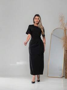 Long Dress With Short Sleeves With Belt Formal And Evening V775 - Negro - Ver 3