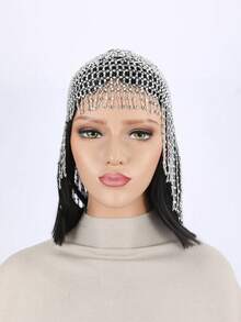 1 件手工钩针镂空装饰串珠帽 - 銀色 - 查看 3