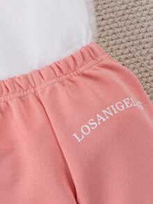 3 件套女婴春秋时尚休闲可爱粉色字母印花连帽运动衫、白色吊带背心和粉色休闲裤套装，适合日常、户外、上学、度假