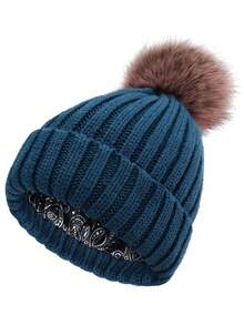 Women Winter Beanie Hat Satin Lined Faux Fur Pom Pom Beanies Hat For Women Winter Warm Knit Hats - A - View 26