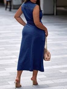 女士无袖水洗牛仔中长连衣裙，修身单排扣设计，配腰带，休闲纯色连衣裙，春季款 - 深色水洗藍 - 查看 6