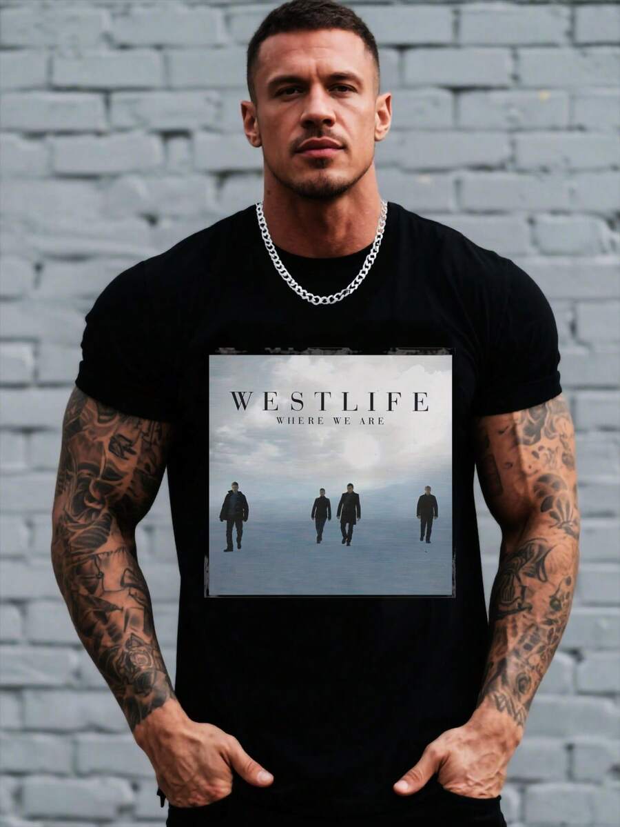 [Rock Band] Rock Band Graphic T-Shirt - Westlife Where We Are, Retro Rock Band Print, Casual Summer Tee For Men, Crew Neck Polyester, Music-Inspiblack Design, Band T Shirts - 黑色 - 查看 1
