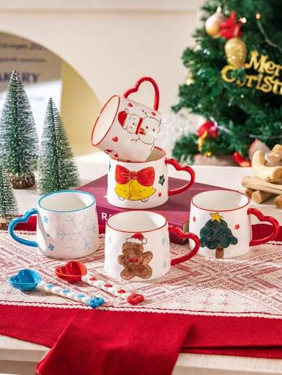 1 件新款可爱陶瓷杯，雪花圣诞树马克杯，心形创意手绘咖啡杯，适合圣诞节热饮，家居节日装饰，营造温馨节日氛围，实用杯子