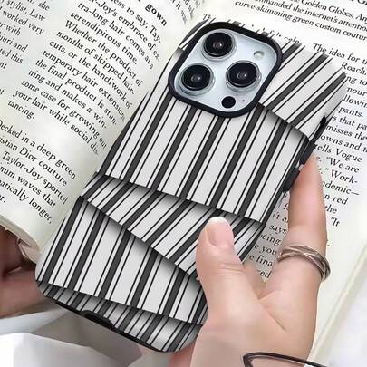 Funda de teléfono con diseño 3D plegable a rayas, minimalista, de cobertura completa, antideslizante y a prueba de caídas, con película en inglés, para modelos compatibles con 16, 15, 14, 13, 12, 11, PRO MAX, PLUS