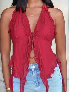 Mima John 夏季浪漫荷叶边丝带和 3D 花朵领结夏季女式上衣音乐会性感 - 酒紅色 - 查看 4