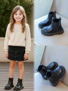 1 双婴幼儿女童切尔西靴，柔软舒适的弹性面料 + PU 材质，保暖衬里，拉链设计，圆头，柔软鞋底，经典英伦风格，适合室内/室外、休闲、学校、秋冬