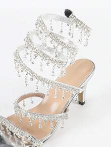 Giày cao gót đế xuồng cho nữ, thời trang tối giản, quai ngang đính đá Rhinestone, mũi tròn, phù hợp cho mùa hè và mùa thu - Bạc - Xem 8