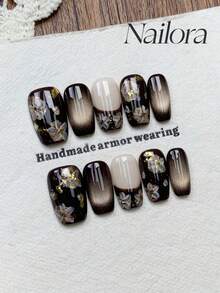 10片手工方形亚克力美甲贴片，适合短指甲，奢华棕黑色美甲，金箔棕色法式美甲，闪亮猫眼手绘樱花叶美甲，简约优雅奢华手工秋季美甲，秋季美甲贴片，多功能美甲DIY假指甲，适合派对、日常、约会、海滩、热带度假等场合，可重复使用，适合女性和女孩作为礼物，美甲用品手工美甲贴片 - 棕色 - 查看 11