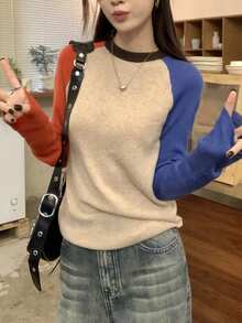 Suéter de mujer con diseño de bloques de color en cuello redondo y mangas raglán, para otoño/invierno - Multicolor - Ver 6