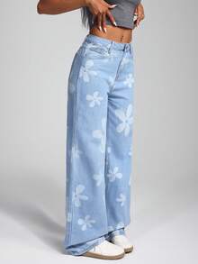 Jeanoix Slant Pocket Casual Floral Print Straight Leg Jeans