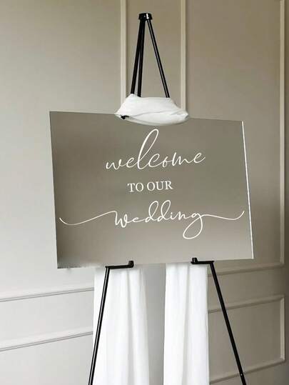 1 pieza Cartel de bienvenida de boda de espejo de acrílico plateado de 16"X12"/19"X16", decoración romántica de boda DIY, señalización direccional para fiestas