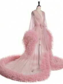 新娘闺房长袍紫色羽毛新娘薄纱长袍薄纱幻觉长款婚礼派对羽毛长袍服装斗篷鹳毛长袍超级蓬松羽毛睡袍长款薄纱幻觉透明毛皮新娘婚礼礼物鹳毛长袍腮红粉色羽毛新娘薄纱幻觉婚礼礼物仪式派对穿晨衣女士秋季服装 - 珊瑚粉 - 查看 11