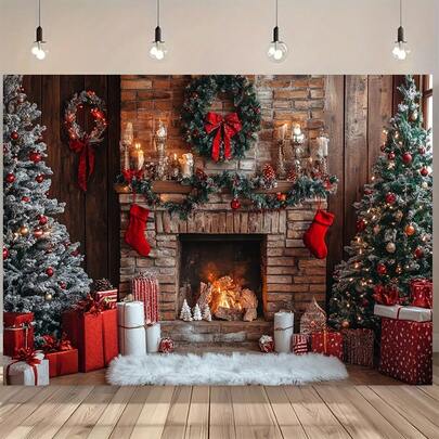 1 Encantador Fundo Fotográfico de Natal - Lareira Festiva e Decorações com Meias Vermelhas, Guirlandas de Flores e Velas - Perfeito para Fotografia de Família, Festas e Eventos - Cinco Tamanhos para Escolher, Decorações de Natal