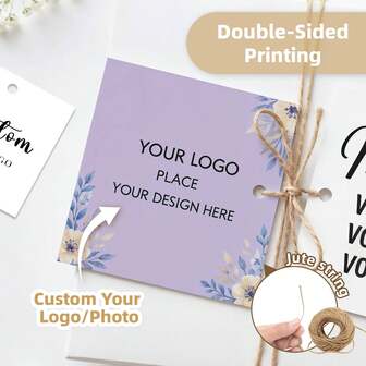 Anpassade bröllopsgåvoetiketter, 4-8 cm dubbeltryckta fyrkantiga personliga presentetiketter med logotyp eller bild, färgglada utskrivbara etiketter med jutesnöre, gör-det-själv-pappersetiketter för flaskor, kläder, matförpackningar, presentkort för fest, årsdag, bröllop, företag, anpassade hängetiketter