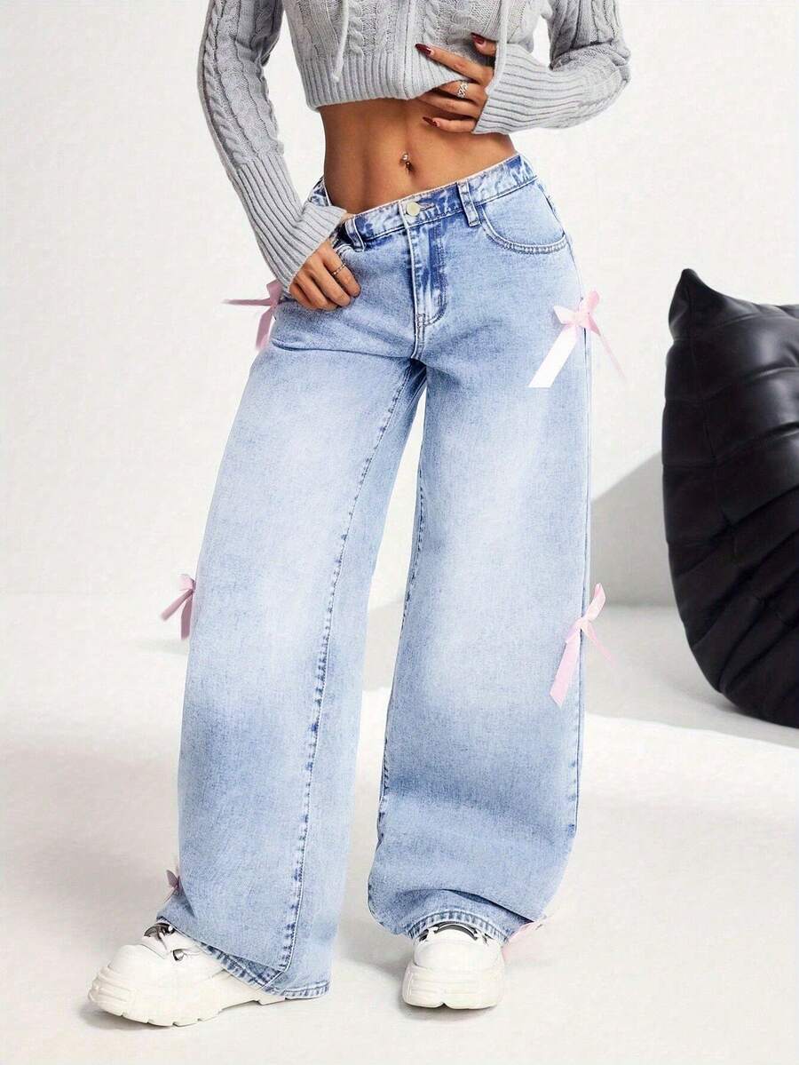 Women's Mid-Rise Loose Straight Jeans – Bow Decor, Pantalones Jeans De Mujer For All Seasons & Occasions - 藍色 - 查看 1
