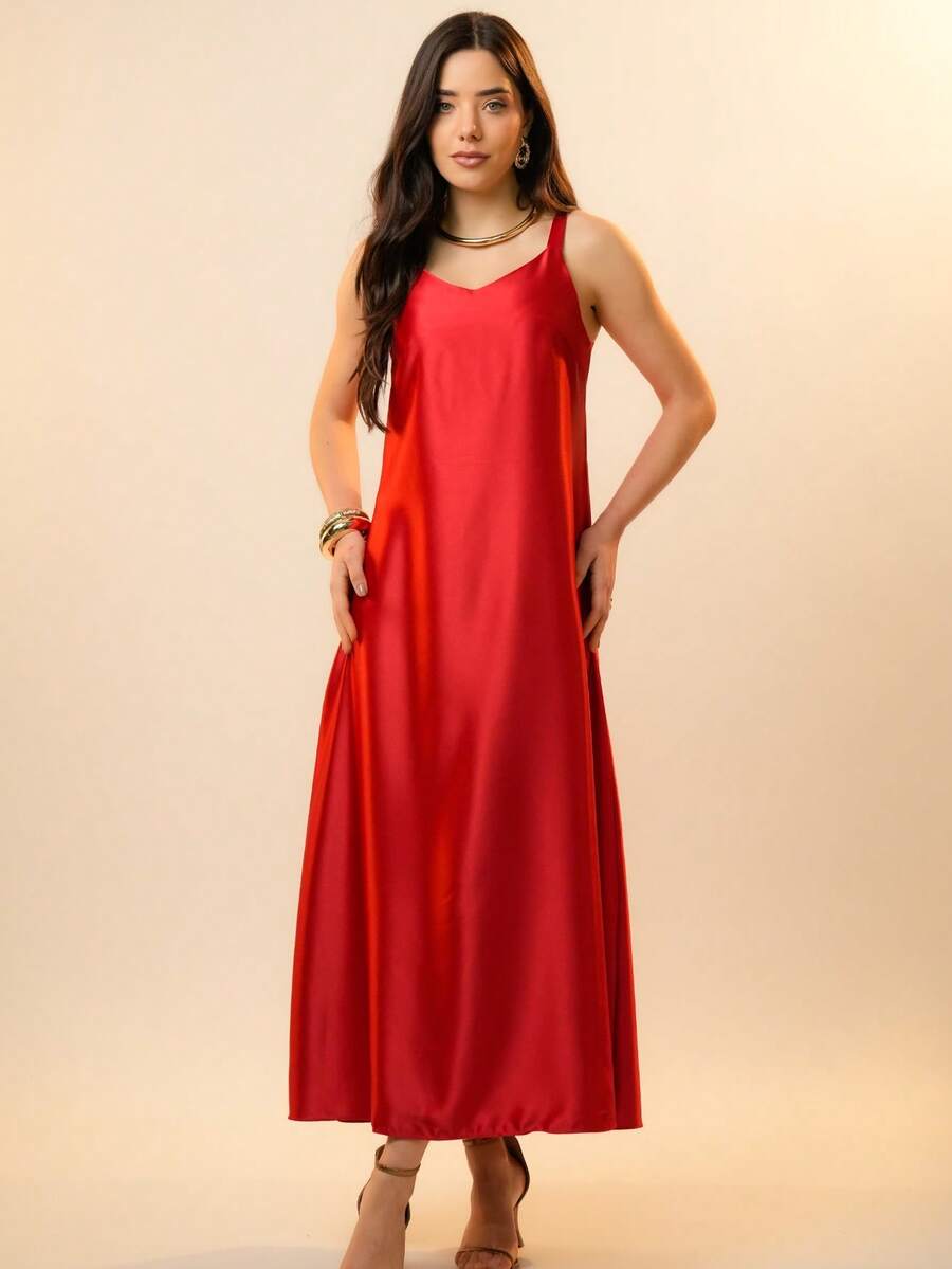 Italian Style Boat Neck Sleeveless Fitted Dress For Women - 紅色 - 查看 1