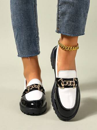 Women's Chain Decor Platform Slip-On Loafers, Casual Pointed Toe Colorblock Flats For Spring Autumn, Elegant Everyday Wear