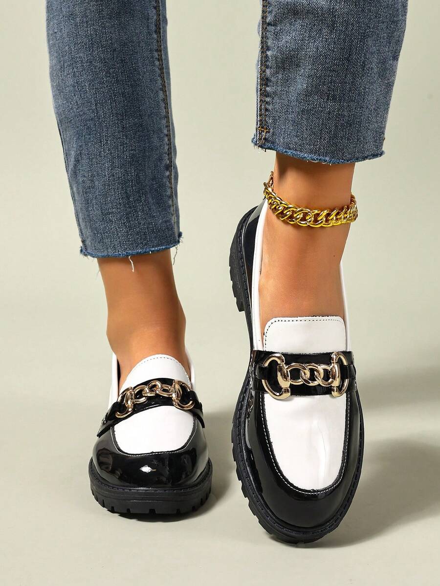 Women's Chain Decor Platform Slip-On Loafers, Casual Pointed Toe Colorblock Flats For Spring Autumn, Elegant Everyday Wear