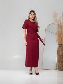 vestido longo de manga curto Com cinto Formal e Noturno V775 - Vinho - Visão 1